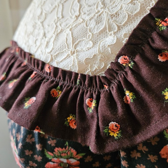 Vtg 60s 70s Hippie Brown Floral Prairie Maxi Dress Lace Ruffles Romantic Boho S - Picture 4 of 8